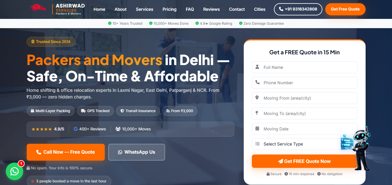 Ashirwad Services packers movers website by Appetenza Technologies